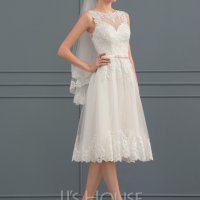 Сватбена рокля от тюл с А-силует илюзия до коляното с лъка(и), снимка 5 - Сватбени рокли - 36687033