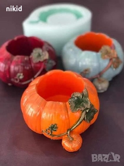 3d Голяма тиква с листа силиконов молд форма фондан гипс кашпа, снимка 1
