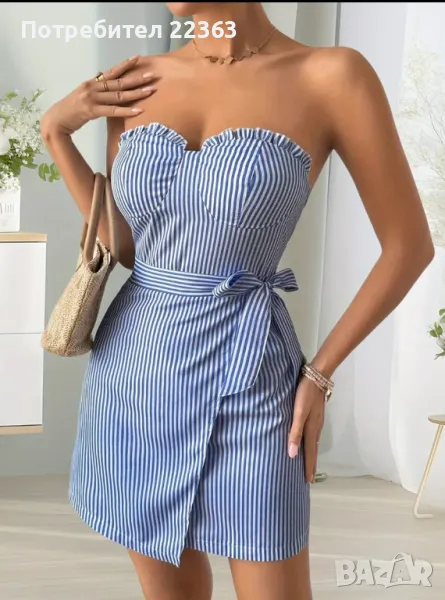 Елегантна, къса, райе рокля с открити рамене, снимка 1