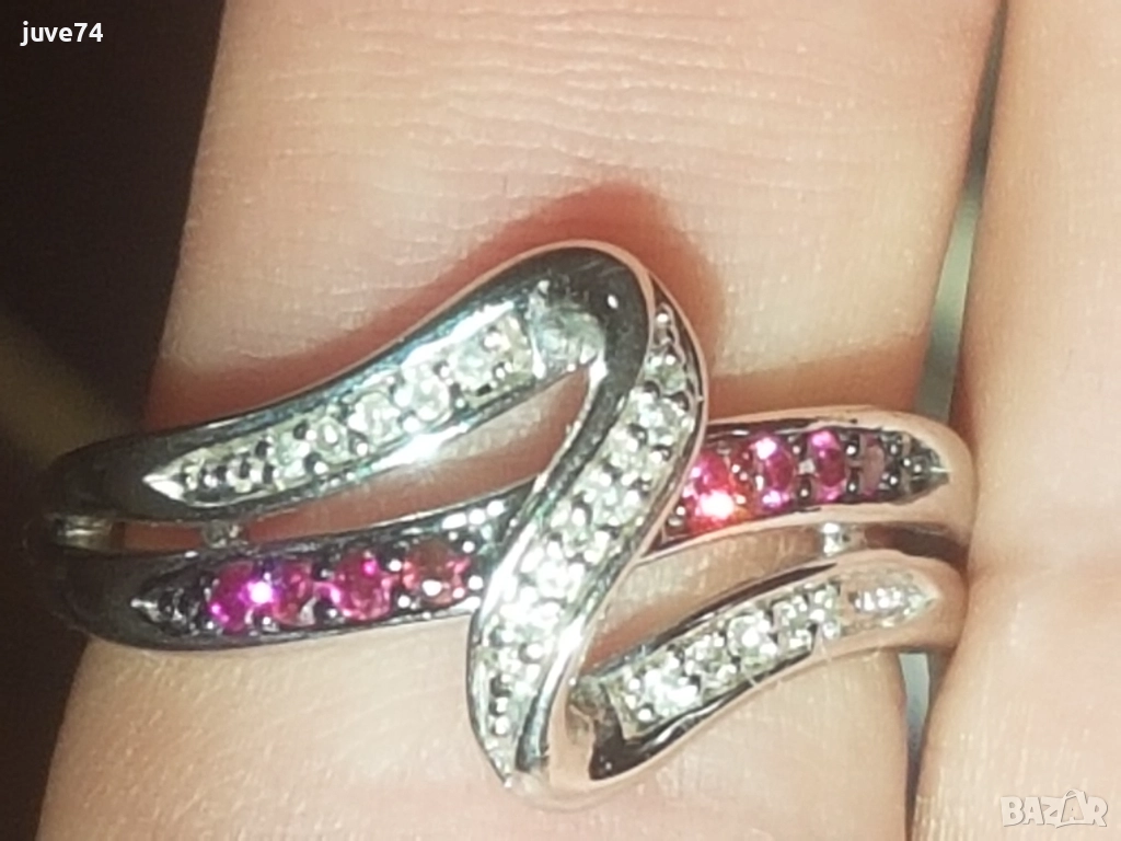 СРЕБЪРЕН  ПРЪСТЕН С  ЕСТЕСТВЕНИ  РОЗОВИ  И БЕЛИ  ДИАМАНТИ  СЕРТИФИКАТ , снимка 1
