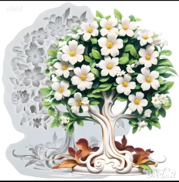 Кичесто Дърво с цъфнали цветя цветчета силиконов молд форма фондан шоколад , снимка 1