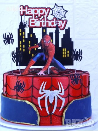 сет Спайдърмен Happy Birthday надпис паяжина сгради паяк картонени топери украса декор торта, снимка 1