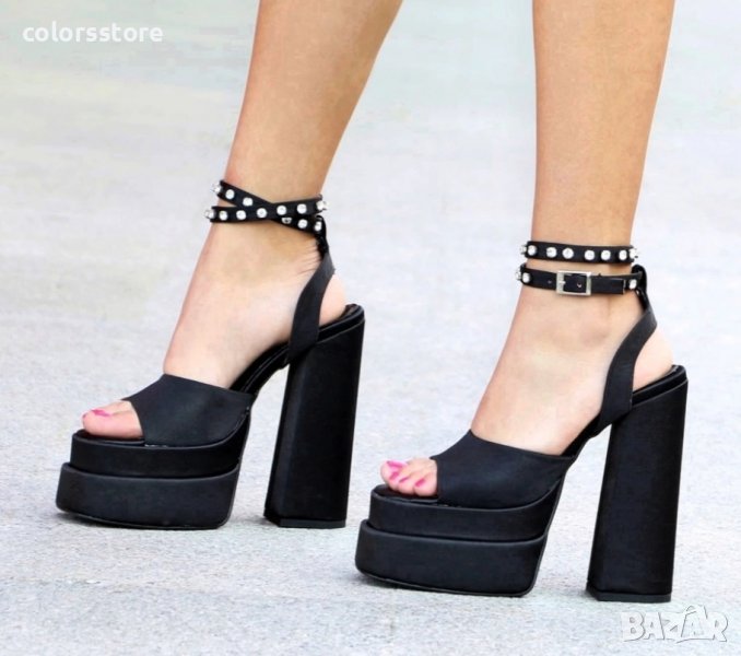 Сандали на ток - черен сатен - VS5, снимка 1