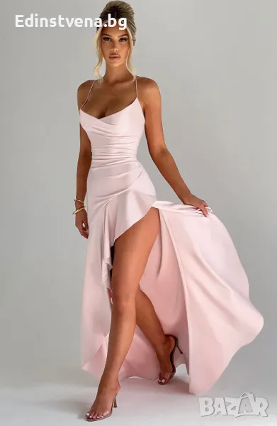 Дамска елегантна сатенена вечерна рокля с висока цепка и гръб с връзки в розово, снимка 1