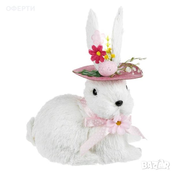 Великденско декоративно фигура на зайче Бяла розова шапка Цветя 30 см, снимка 1