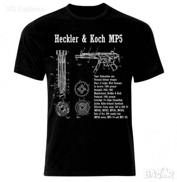 Мъжка Тениска Heckler And Koch HK MP5 Submachine Gun Blueprint Patent Maschinenpistole , снимка 1