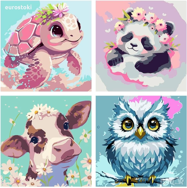 Pujeknm Комплект от 4 броя платно с рамка  за рисуване по номера със сладки животни за възрастни , снимка 1