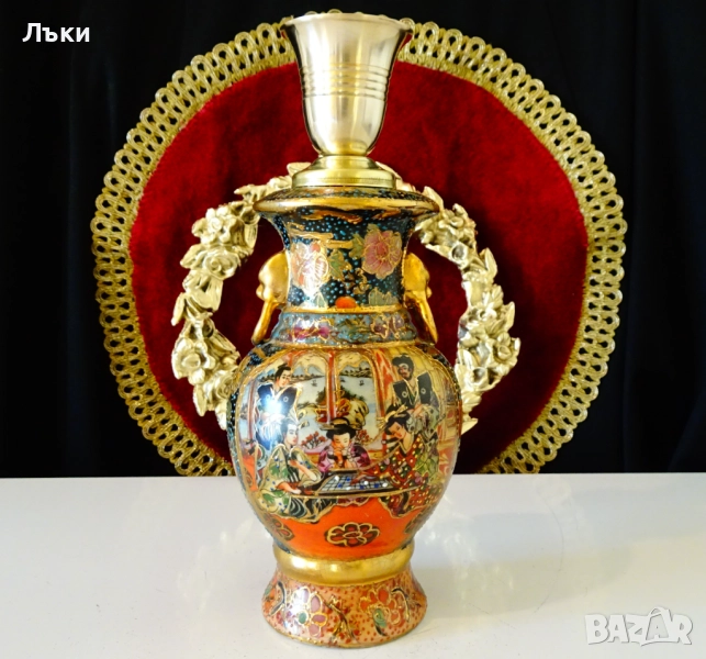 Порцеланов свещник Satsuma,злато,бронз,печат. , снимка 1