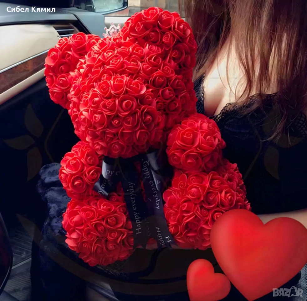 Плюшено мече с LED рози - подарък за мама, момиче, баба - комплект вечни рози 25 см, снимка 1