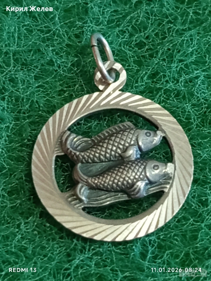 Сребърен медальон с зодиакален знак РИБИ много красив ювелирна изработка 52617, снимка 1