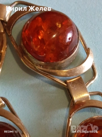 Винтидж сребърна гривна СССР с БАЛТИЙСКИ КЕХЛИБАР с позлата ювелирна изработка 32628, снимка 9 - Гривни - 53003214