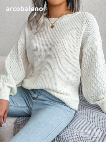 Дамски плетен пуловер с дълъг фенер ръкав за свободното време, 3цвята - 024, снимка 8 - Блузи с дълъг ръкав и пуловери - 43468486