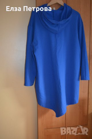 Есенна асиметрична тъмно синя спортна туника/блуза с качулка, с камъни и асиметричен цип, снимка 3 - Блузи с дълъг ръкав и пуловери - 43085724