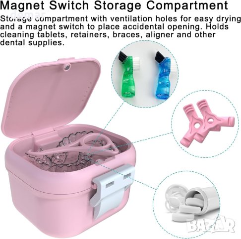 ARGOMAX Преносима кутия  за зъбни протези с цедка (розово + бяло), снимка 6 - Други стоки за дома - 43945150