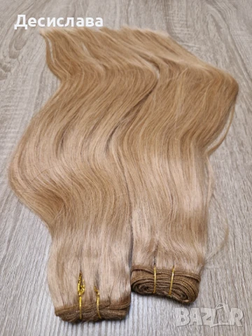 Естествена коса на треса. Плътен косъм и двойни крайща. Златисто-пепелно русо! , снимка 3 - Аксесоари за коса - 51370393