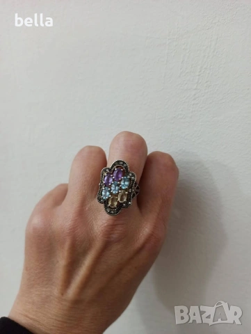 Уникат-Златен дамски пръстен-диаманти,цитрин аквамарин и аметист, снимка 2 - Антикварни и старинни предмети - 53522987