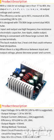 20А Dc Converter Понижаващо захранване с регулиране на тока DC/CC Adjustable  300W зарядно MPPT, снимка 6 - Друга електроника - 38077131