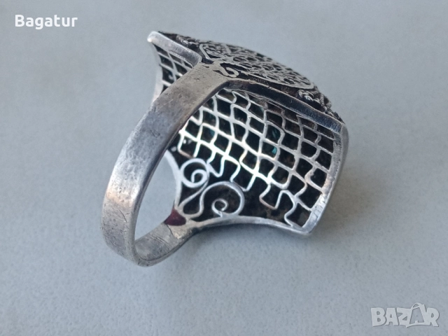 Пръстен с котешко око,сребро,филигран ажур, снимка 4 - Антикварни и старинни предмети - 52526340