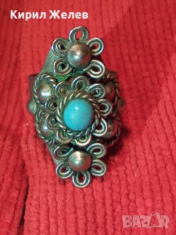СТАРИНЕН ФЛОРАЛЕН ТЮРКОАЗЕН РЕТРО АР НУВО МЕЛХИОРЕН ПРЪСТЕН МАЙСТОРСКА ИЗРАБОТКА 24475, снимка 2 - Антикварни и старинни предмети - 37513803