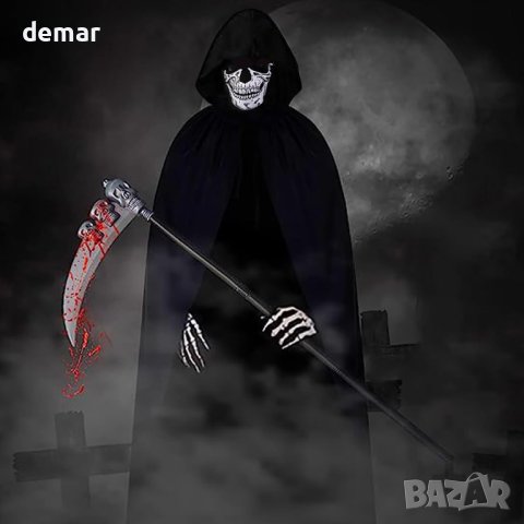 Костюм на Grim Reaper Хелоуин 4 части, черно наметало с маска на черепа, коса, скелетни ръкавици, снимка 5 - Други - 44069211