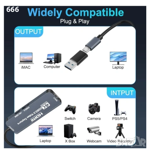 Flintronic USB 3.0 видео карта за заснемане със 100W PD, HDMI към USB-C 4K 1080P 60FPS, снимка 5 - Друга електроника - 53578979