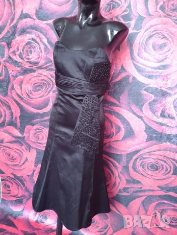 Черна елегантна разкроена рокля бюстие под коляното с мъниста М, снимка 6 - Рокли - 36763642