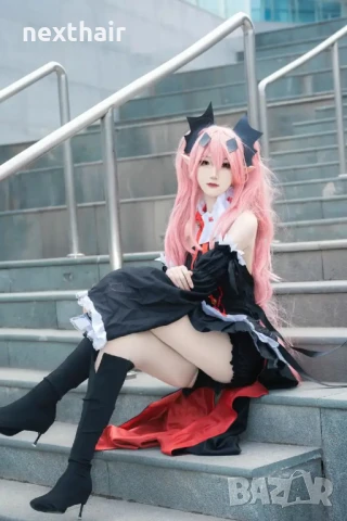 Дълга розова перука с две опашки Krul Tepes Anime Owari No Seraph, снимка 3 - Аксесоари за коса - 50458699