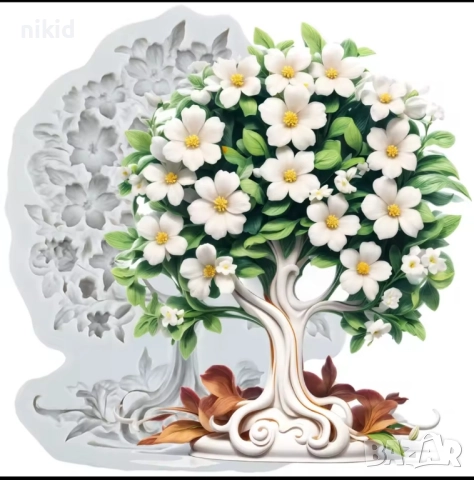 Кичесто Дърво с цъфнали цветя цветчета силиконов молд форма фондан шоколад 