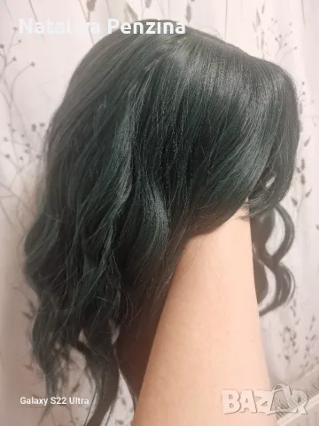 Тъмнозелена перука с бретон за жени  с дължина до раменете. Зелени перуки Къса боб вълнообразна , снимка 8 - Аксесоари за коса - 48856223