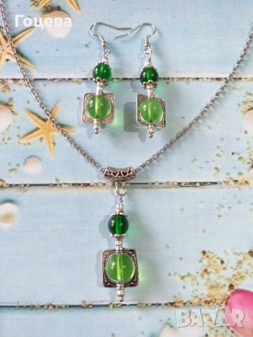 прекрасен комплект бижута със смарагдово зелено и лазурно зелено в красиви орнаменти с цвят сребро, снимка 3 - Бижутерийни комплекти - 33072699