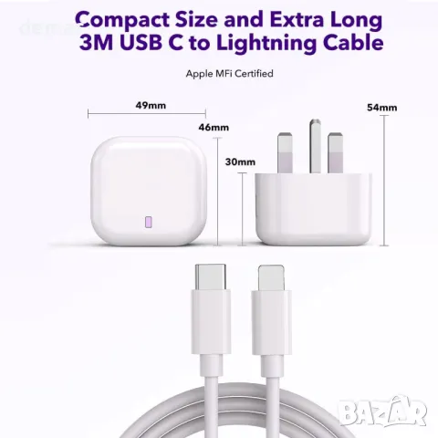 Бързо зарядно устройство за iPhone, 20 W USB C щепсел с кабел 1M, снимка 5 - Друга електроника - 49256031