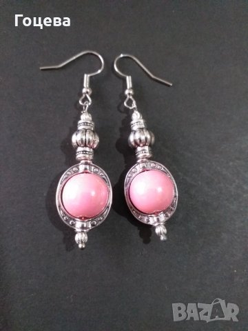 Красиви обици с розови перли и овална рамка цвят сребро , снимка 4 - Обеци - 33145593