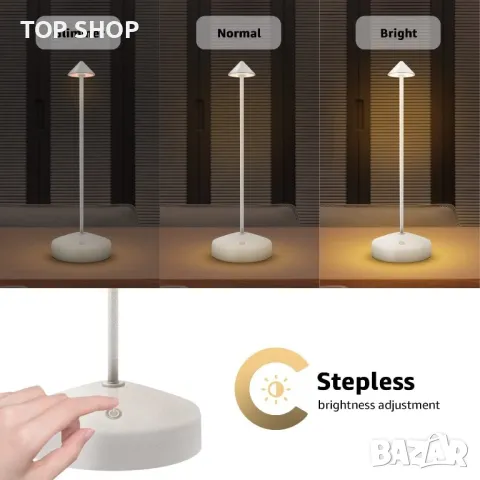 GNOO Димируема Безжична сензорна LED настолна лампа,8 часа работа/алуминий/IP54/3 режима/ретро,бяла, снимка 2 - Лед осветление - 49308641