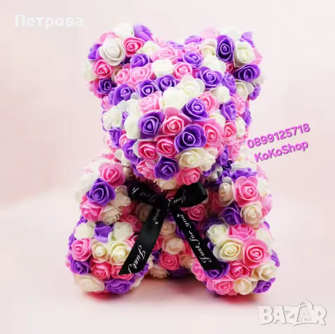 Мече от рози в луксозна кутия-40 см./многоцветно мече от рози/шарено мече от рози, снимка 3 - Декорация за дома - 49008067