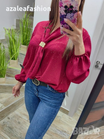 Блуза с бляскави частички в червено, снимка 2 - Блузи с дълъг ръкав и пуловери - 53220537