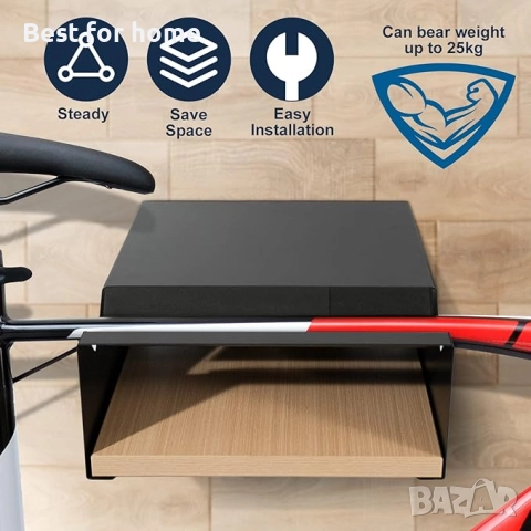 Стенна стойка за велосипед MOSHAY S-Rack, алуминий и дърво, снимка 2 - Аксесоари за велосипеди - 52185206