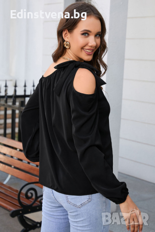 Дамска блуза в черен цвят с дълъг ръкав и ефектно завръзване при рамото, снимка 9 - Блузи с дълъг ръкав и пуловери - 44843732