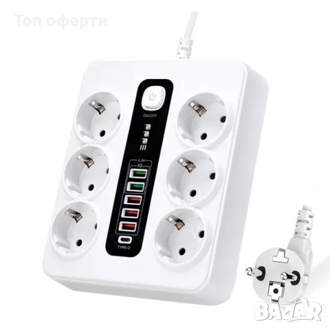 Разклонител Sumker, 6 контакт, 5 бр. USB, 1 бр. C конектор, 220V, 3000W, 10A, бял, снимка 1 - Аксесоари и консумативи - 48605349