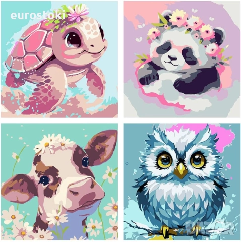 Pujeknm Комплект от 4 броя платно с рамка  за рисуване по номера със сладки животни за възрастни 