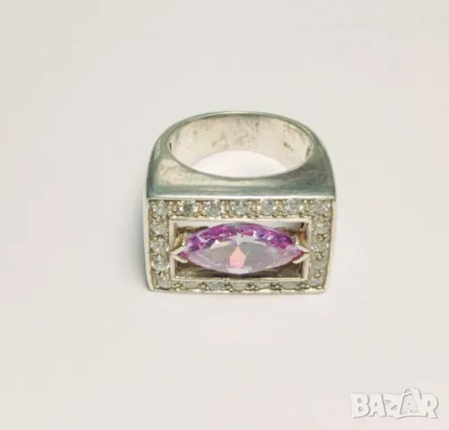 Сребърен пръстен с 20 циркониеви камъчета и 1 Аметист, снимка 2 - Пръстени - 49170965