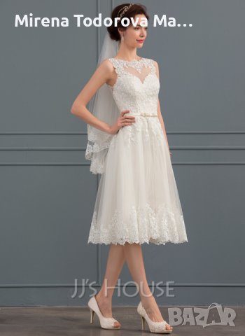 Сватбена рокля от тюл с А-силует илюзия до коляното с лъка(и), снимка 5 - Сватбени рокли - 36687033