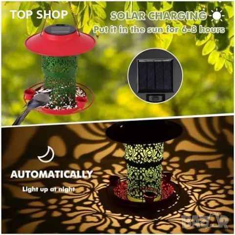 Нова Соларна хранилка за птици с LED светлини и голяма вместимост за двор градина, снимка 5 - Други стоки за дома - 49658526