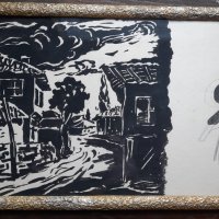 Картина "Село" на худ. Стефан Куцаров,туш на картон, снимка 2 - Антикварни и старинни предмети - 43732059