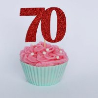 70 години рожден ден юбилей мек брокатен червен топер къса клечка за украса мъфини торта, снимка 1 - Други - 28037970