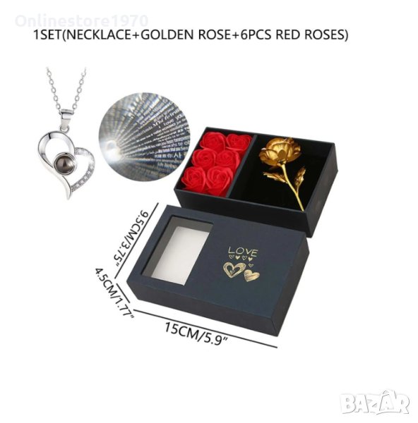 Подаръчен комплект колие с послание , златна роза и 6 вечни рози, снимка 1