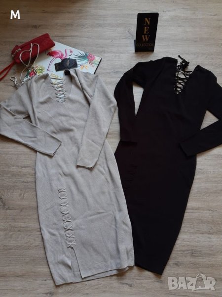 Нова колекция рокля в сив цвят от фино плетиво с връзки на намаление, снимка 1