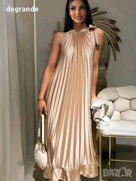 Сатенена плисирана рокля в РОЗОВО БЯЛО БЕЖОВО, снимка 1