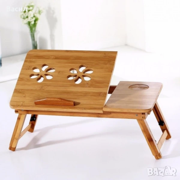 Бамбукова маса за лаптоп с опция повдигане и фиксиране на работния плот, снимка 1