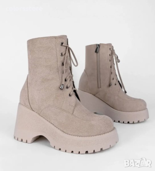 Боти на платформа - бежов велур - SZL1, снимка 1