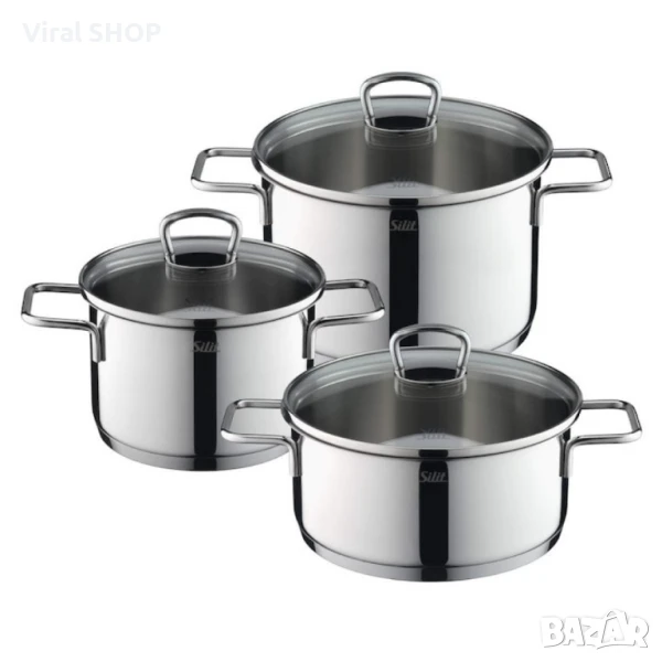 Комплект 3 тенджери Silit Alicante, Стъклени капаци, Сребърен, снимка 1